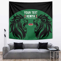 Wall hanging tapestry, black border and green field with lion-head artwork, 'YOUR TEXT' and Kenya