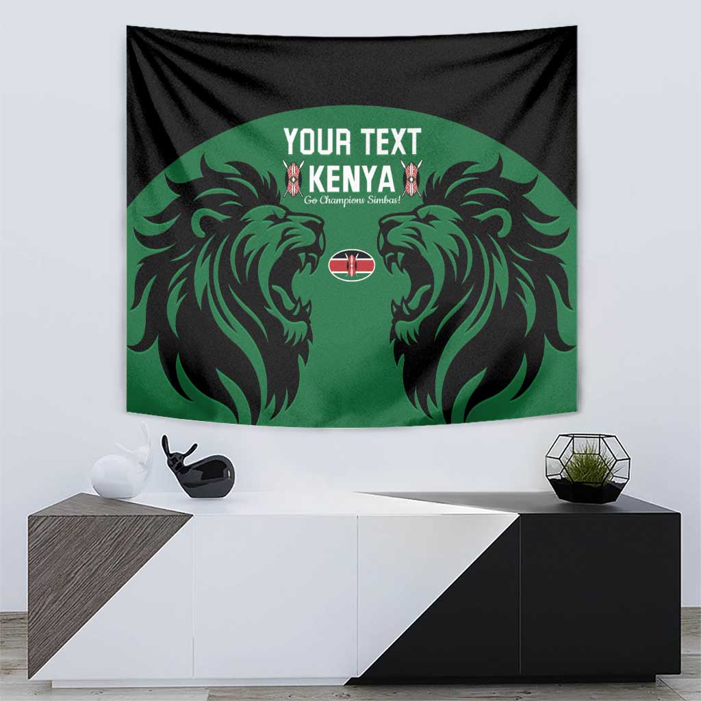 Rectangular tapestry with black background, green emblem panel, lion-head silhouettes and Kenya text