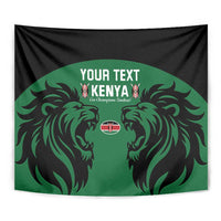 Rectangular tapestry featuring green center, black surround, 'YOUR TEXT' and Kenya with lions