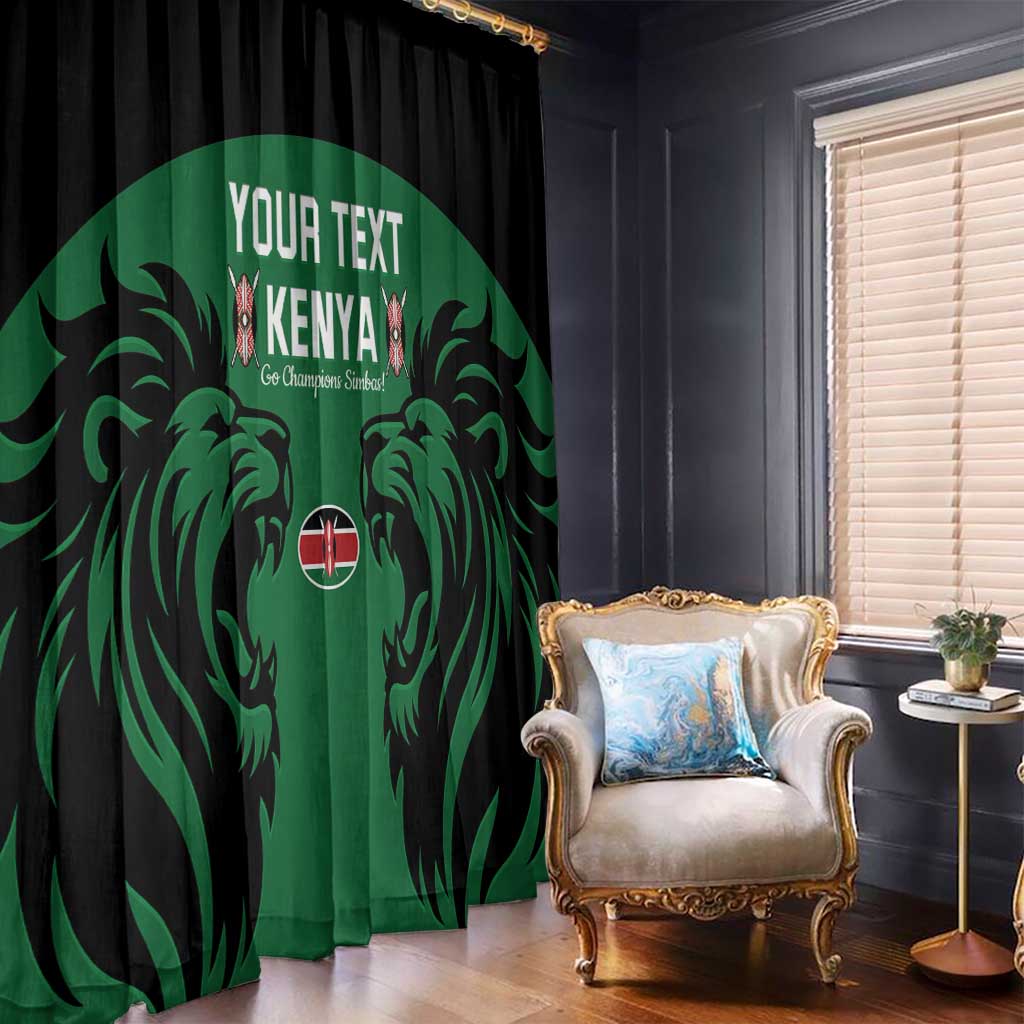 Green window curtain panels with bold lion graphic and customizable text