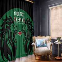Green window curtain panels with bold lion graphic and customizable text