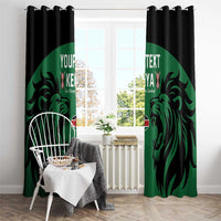 Green and black window curtain panels with lion artwork and custom text over window