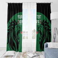 Green window curtain panels with lion artwork and custom text on black header