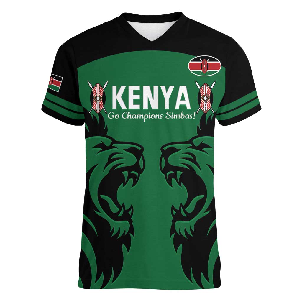 Custom Kenya Rugby Women V-Neck T-Shirt 2024 Go Champions Simbas - Green