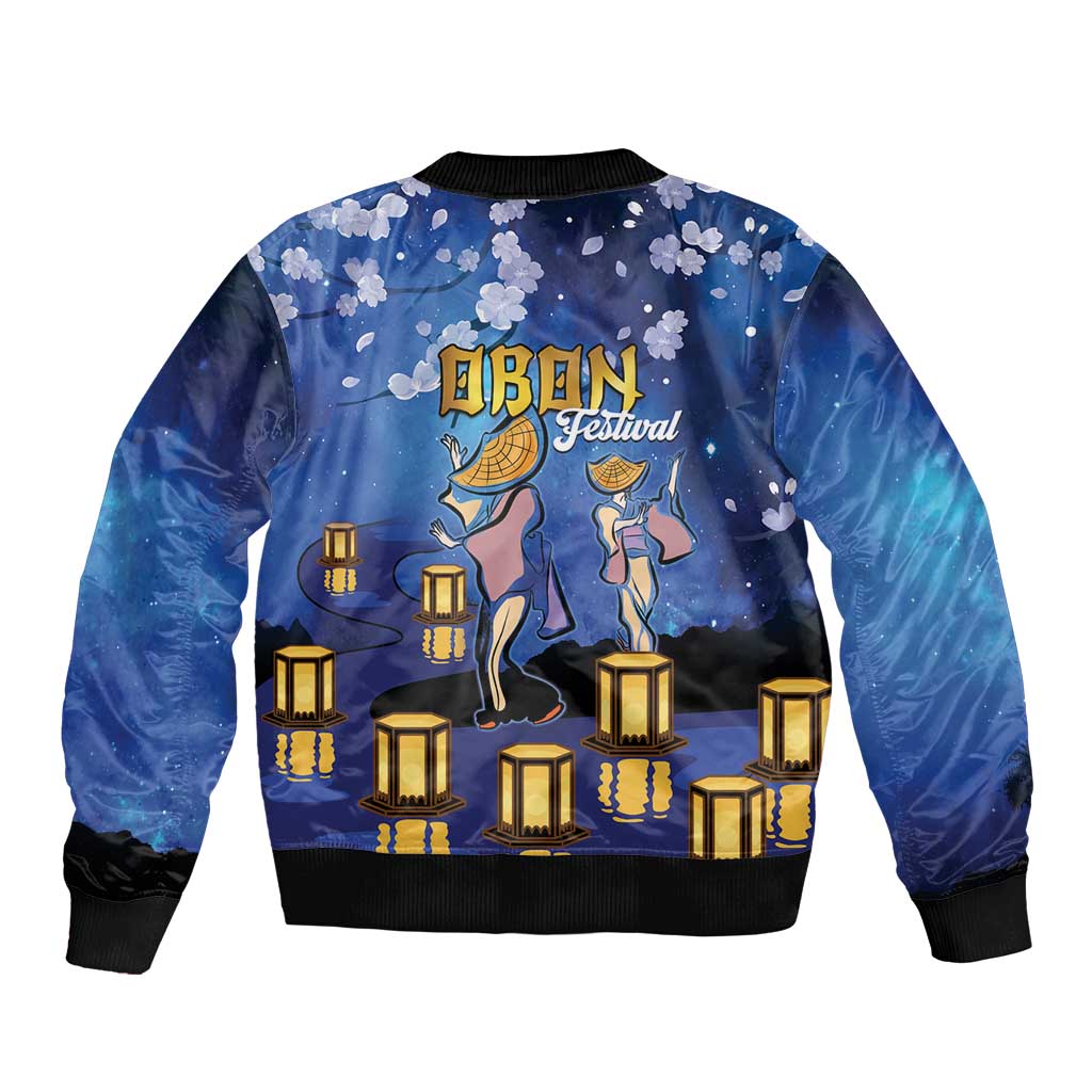 Blue unisex bomber jacket with lantern and cherry blossom graphic, ribbed hem