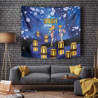 Blue OBON Festival tapestry with sakura blossoms, lanterns, and dancing figures