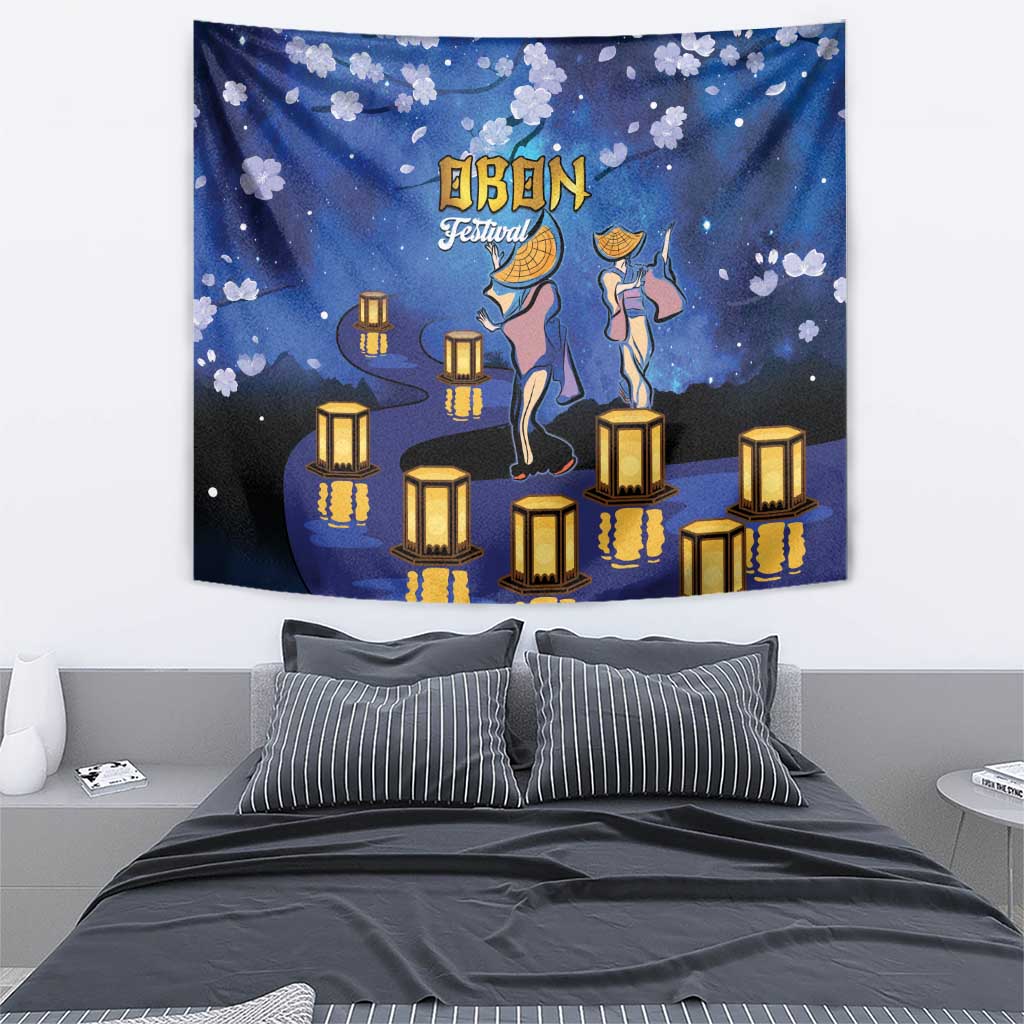 Blue OBON Festival tapestry featuring lanterns and two dancing figures