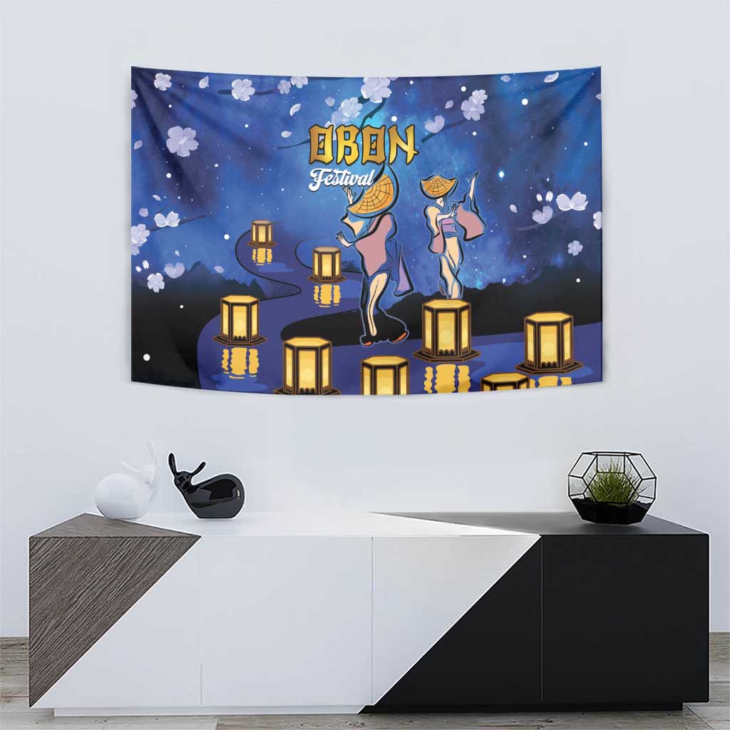 Blue OBON Festival tapestry with lanterns, dancers, and cherry blossoms