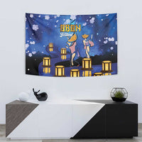 Blue OBON Festival tapestry with lanterns, dancers, and cherry blossoms