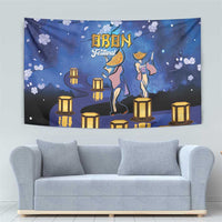 Blue OBON Festival wall tapestry with lantern lights, dancers, and sakura flowers
