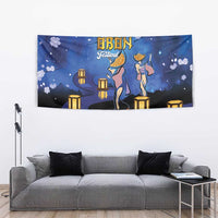 Blue OBON Festival tapestry showing a lantern cluster and dancing figures