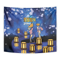 Blue OBON Festival tapestry close-up with lanterns, dancers, and sakura blossoms