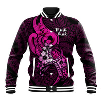 Black baseball jacket with pink ribbon graphic, snap front, striped ribbed collar and cuffs