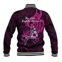 Black baseball jacket with pink 'no one fights alone' back print, snap front, striped ribbed cuffs