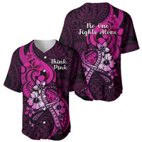 Black baseball jersey with pink heart floral artwork and 'Think Pink' front text