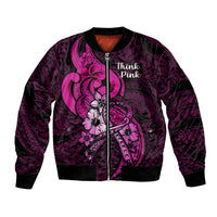 Black bomber jacket with pink ribbon floral graphic, front zip and ribbed cuffs