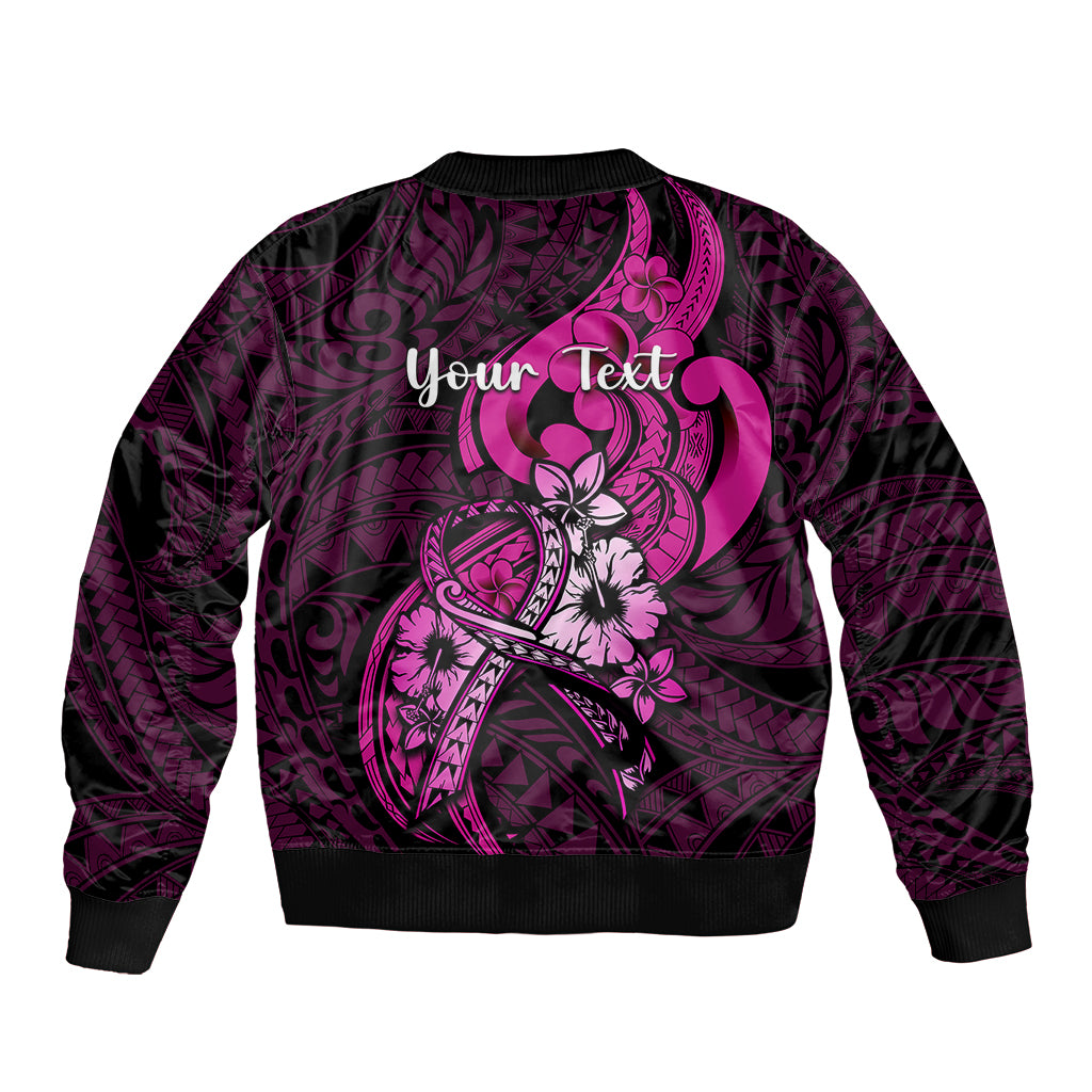Black bomber jacket with pink ribbon floral design and 'Your Text' back print