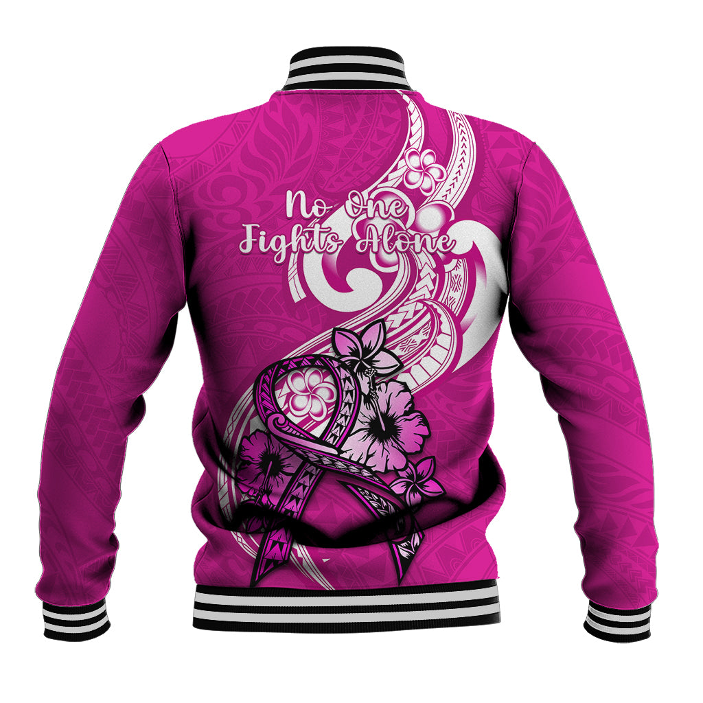 Pink baseball jacket with white striped rib collar and back ribbon-style graphic