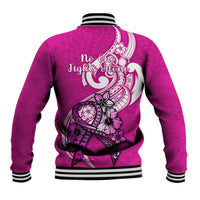 Pink baseball jacket with white striped rib collar and back ribbon-style graphic