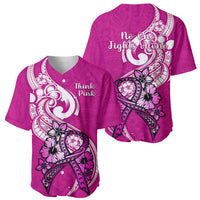 Pink baseball jersey shown front 'Think pink' and back 'No one fights alone' prints