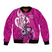 Pink bomber jacket with zipper, black cuffs, white ribbon graphic and 'Think Pink' text