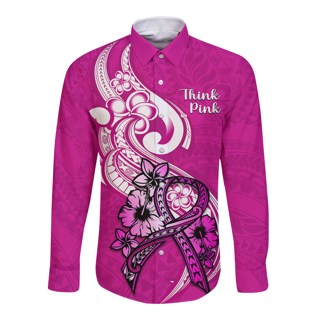 Pink long sleeve button shirt with front floral graphic and “Think pink” text