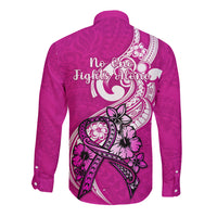 Pink long sleeve button shirt with back graphic and “no one fights alone” text