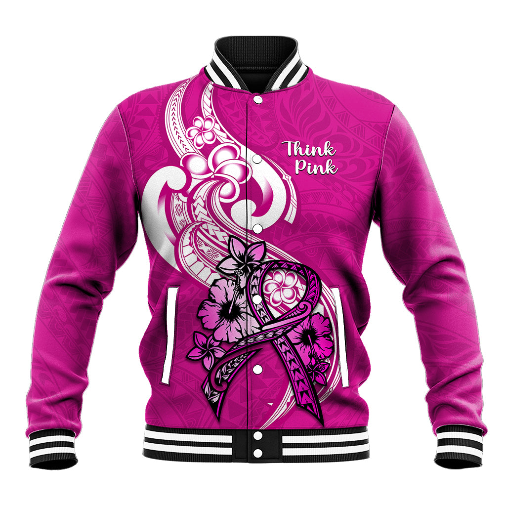 Pink baseball varsity jacket with white striped collar and breast cancer graphic, front