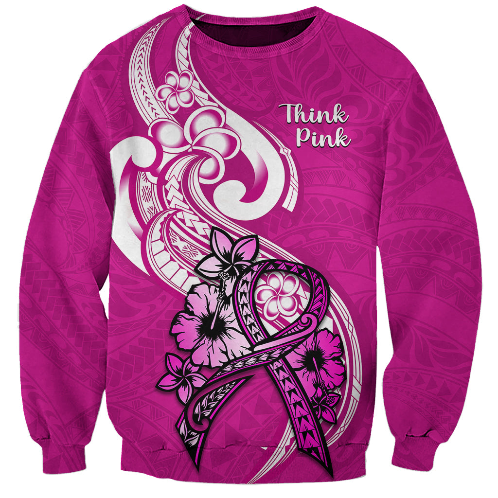 Pink awareness sweatshirt, long sleeves, front Think pink ribbon and floral graphic