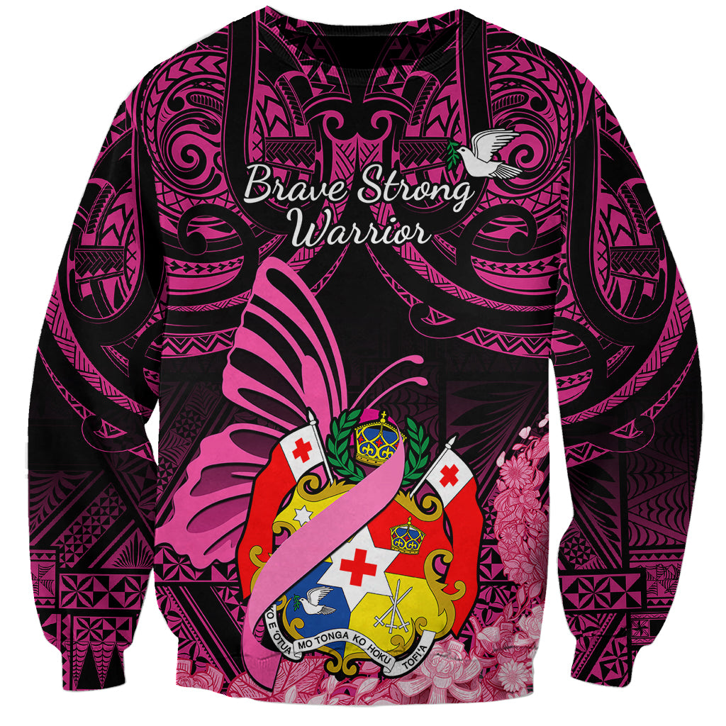 Unisex crewneck sweatshirt, black with pink Polynesian pattern and breast-cancer ribbon crest
