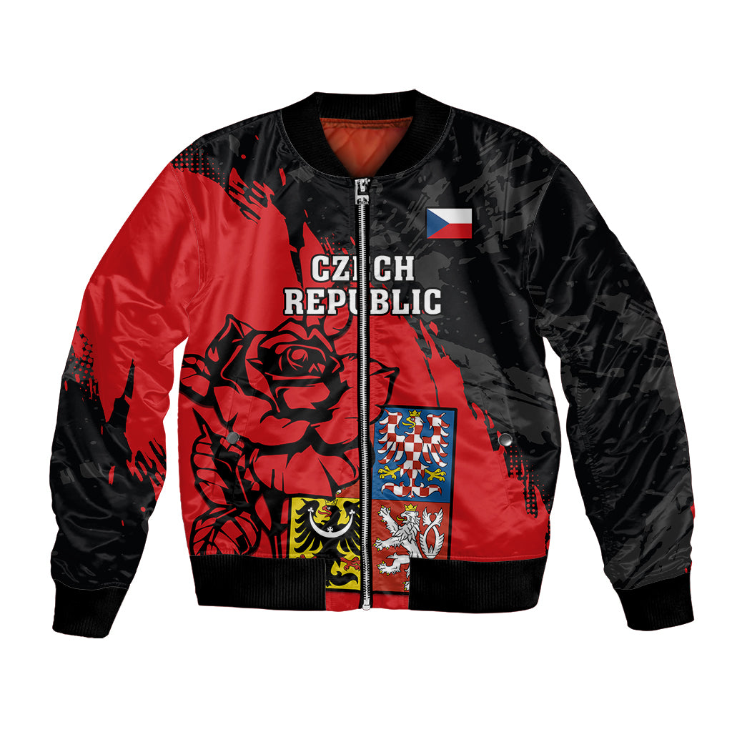 Unisex bomber jacket in red and black with Czech flag, crest, and rose graphic