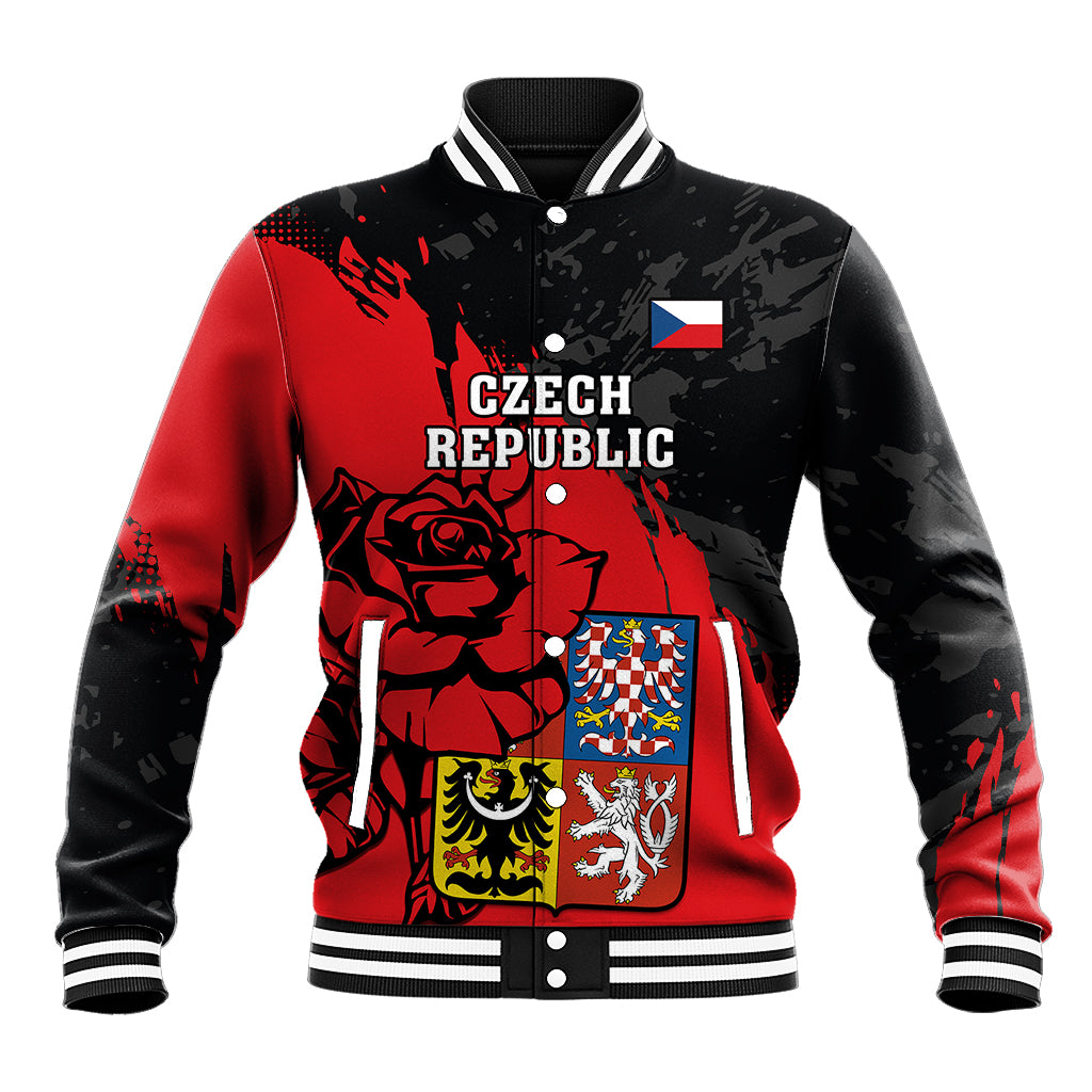 Red and black baseball jacket with Czech flag, rose graphic, and Czech Republic crest