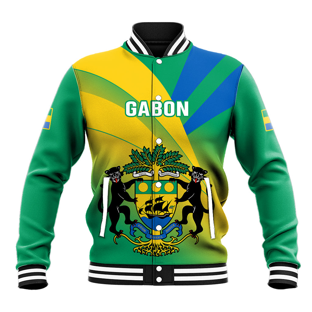 Green varsity baseball jacket with striped collar, button front, crest graphic.