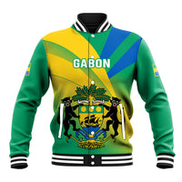 Green varsity baseball jacket with striped collar, button front, crest graphic.