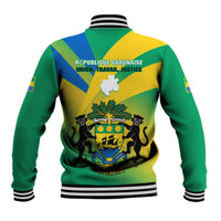 Back of green varsity baseball jacket with striped trim, text and crest with map.