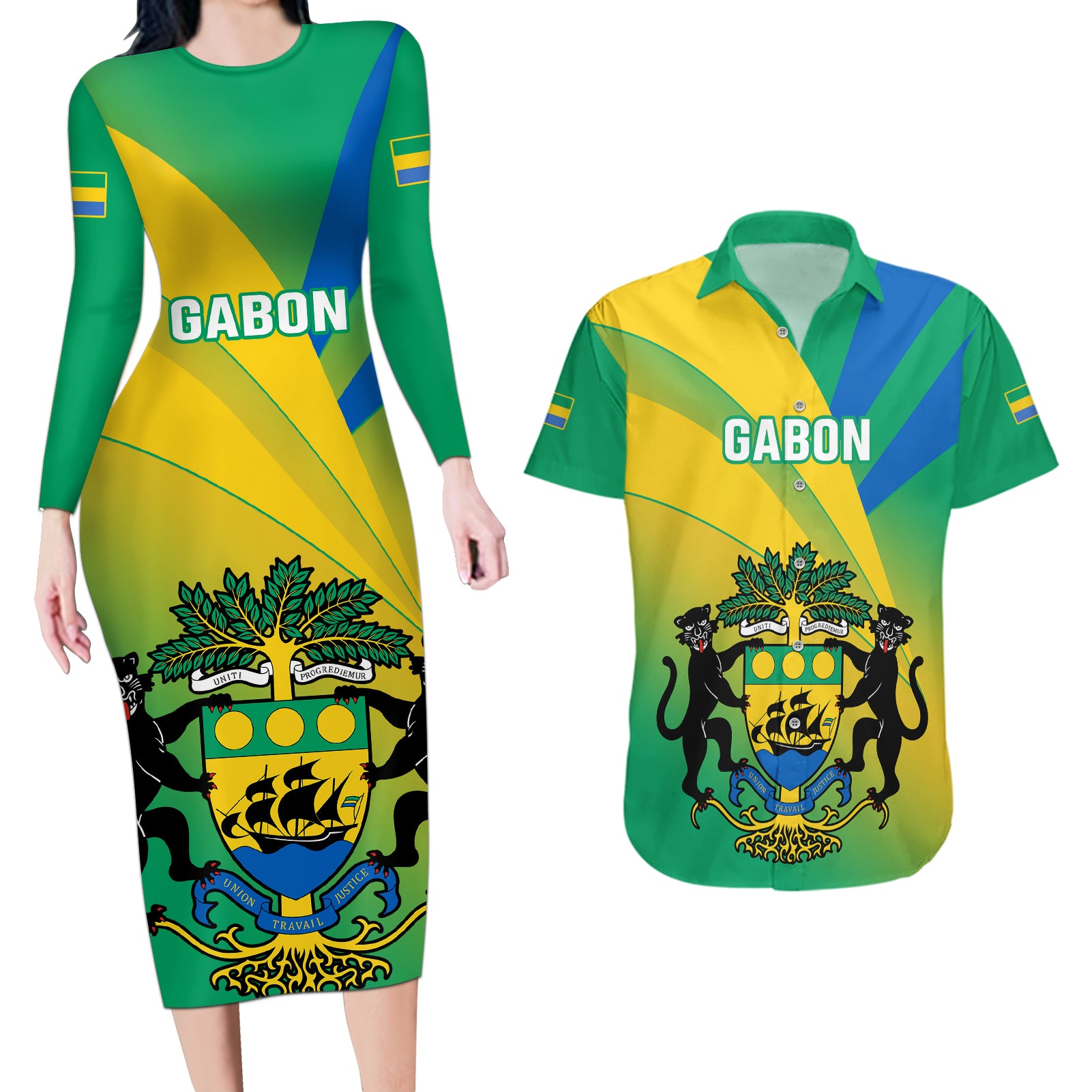 Gabon Couples Matching Long Sleeve Bodycon Dress and Hawaiian Shirt Coat Of Arms With Flag Gradient Style - Wonder Print Shop