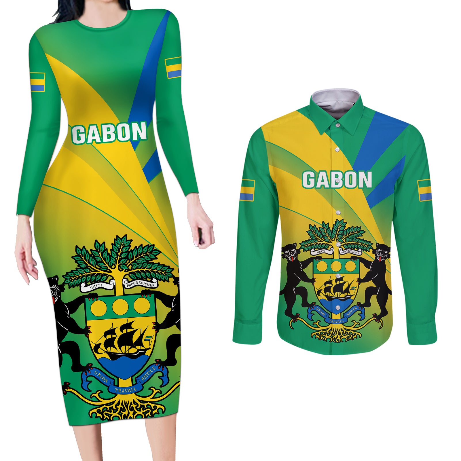 Gabon Couples Matching Long Sleeve Bodycon Dress and Long Sleeve Button Shirts Coat Of Arms With Flag Gradient Style - Wonder Print Shop