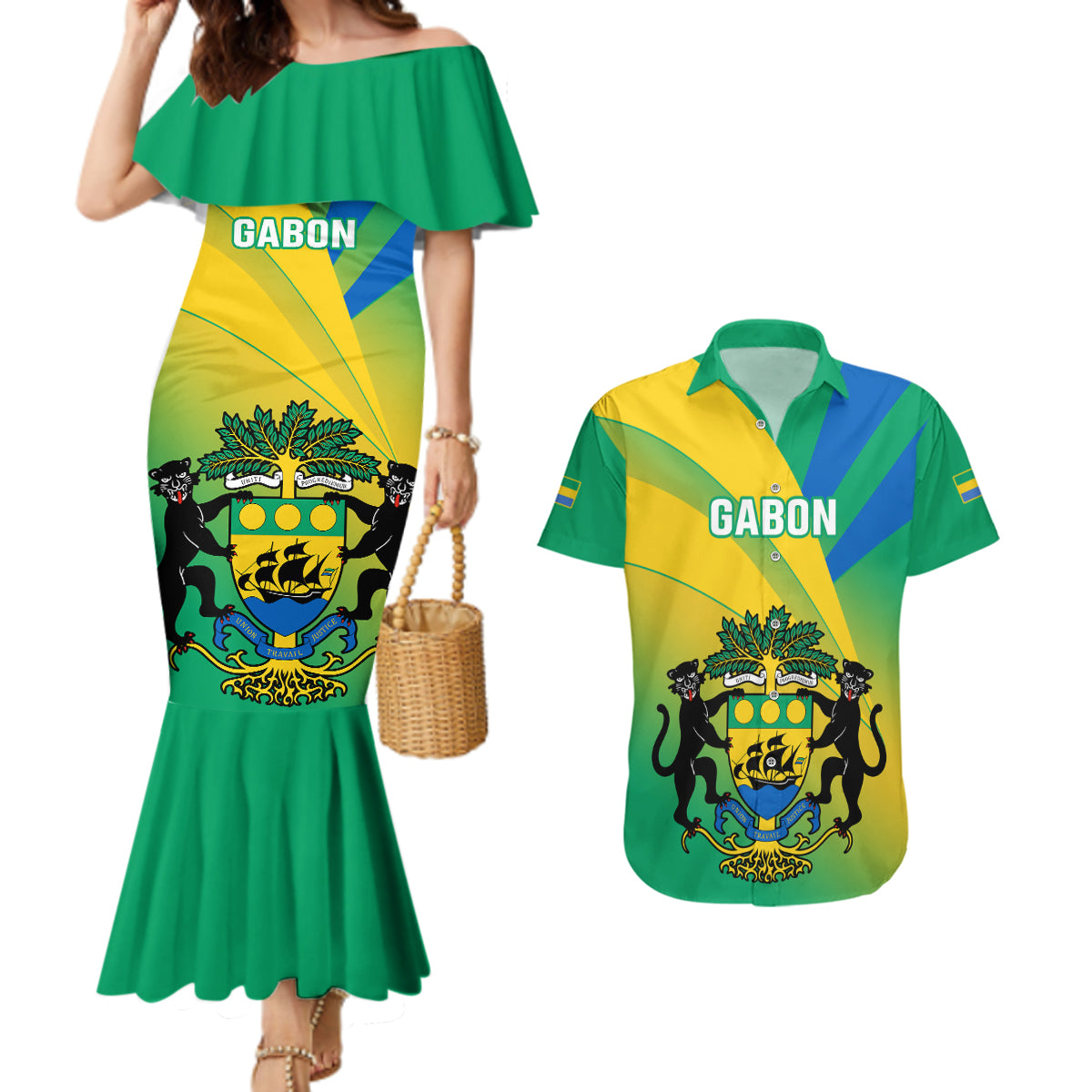 Gabon Couples Matching Mermaid Dress and Hawaiian Shirt Coat Of Arms With Flag Gradient Style - Wonder Print Shop