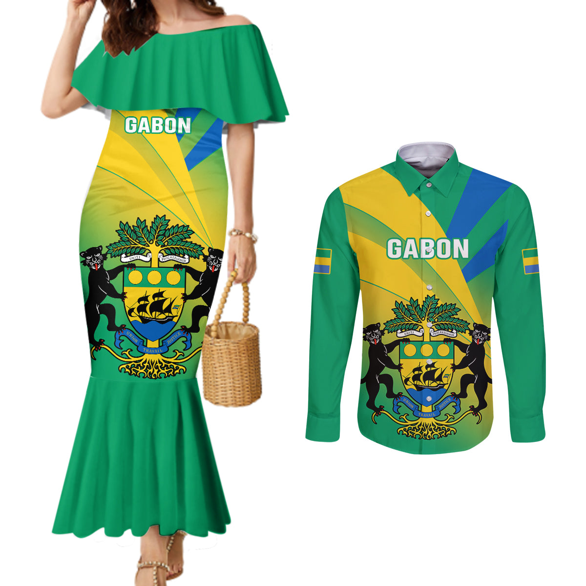 gabon-couples-matching-mermaid-dress-and-long-sleeve-button-shirts-coat-of-arms-with-flag-gradient-style