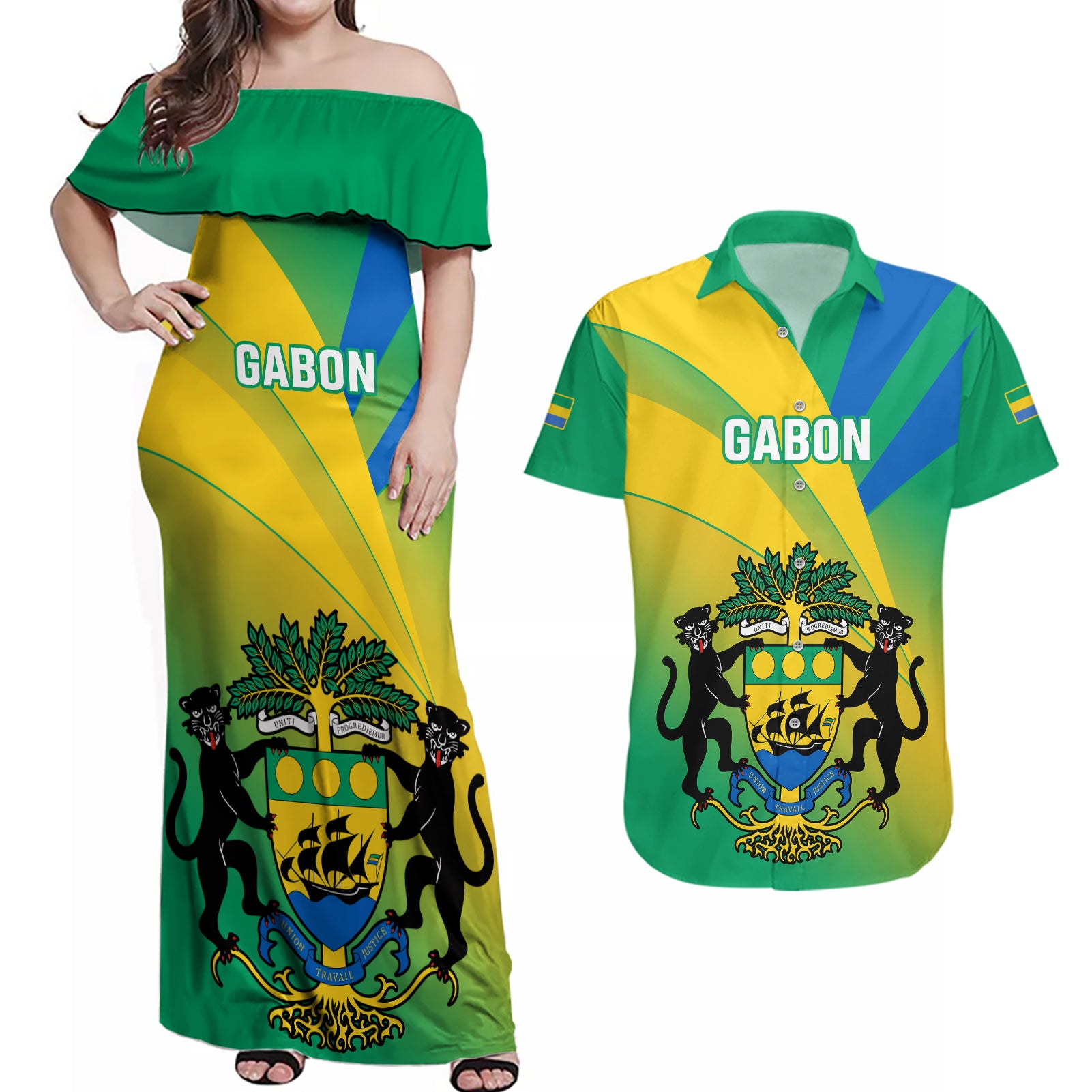 Gabon Couples Matching Off Shoulder Maxi Dress and Hawaiian Shirt Coat Of Arms With Flag Gradient Style - Wonder Print Shop