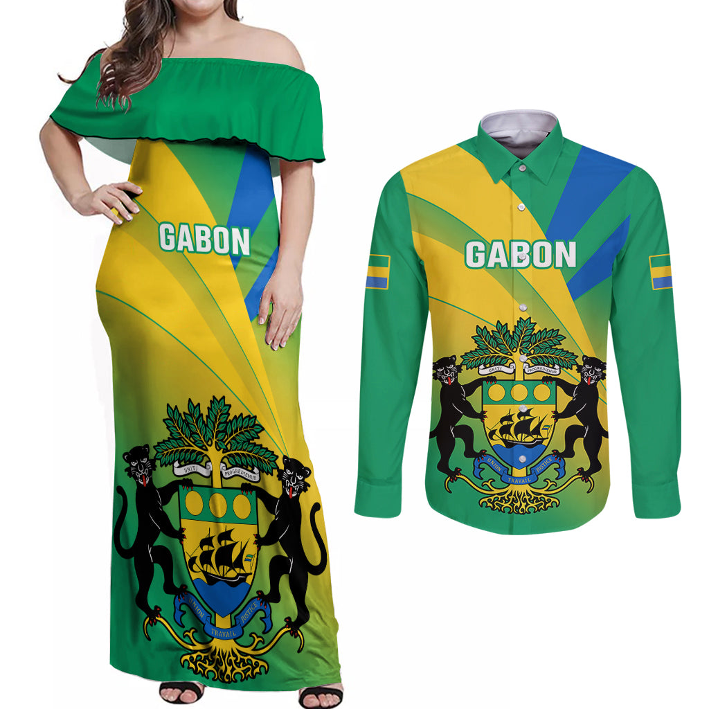 Gabon Couples Matching Off Shoulder Maxi Dress and Long Sleeve Button Shirts Coat Of Arms With Flag Gradient Style - Wonder Print Shop