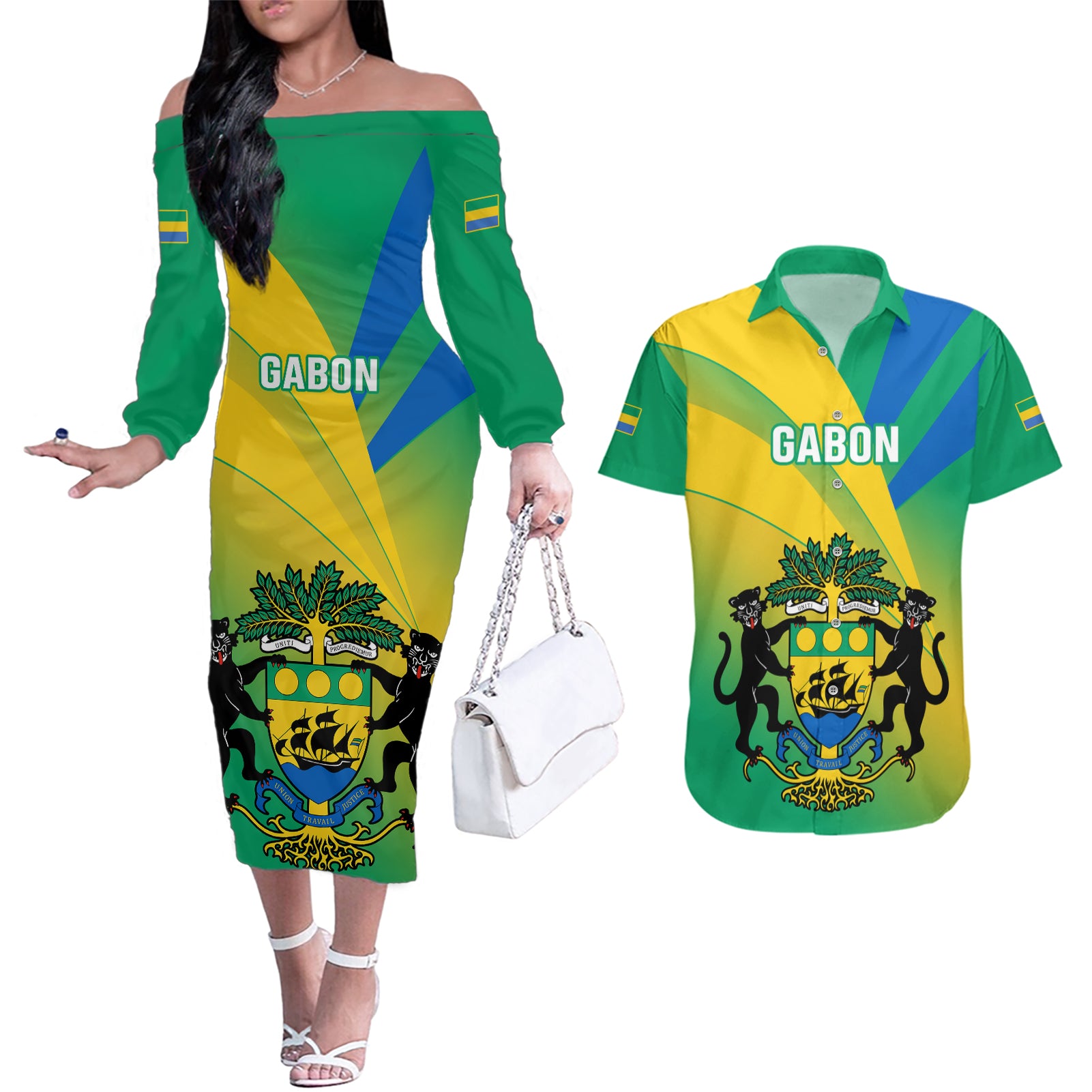 Gabon Couples Matching Off The Shoulder Long Sleeve Dress and Hawaiian Shirt Coat Of Arms With Flag Gradient Style - Wonder Print Shop