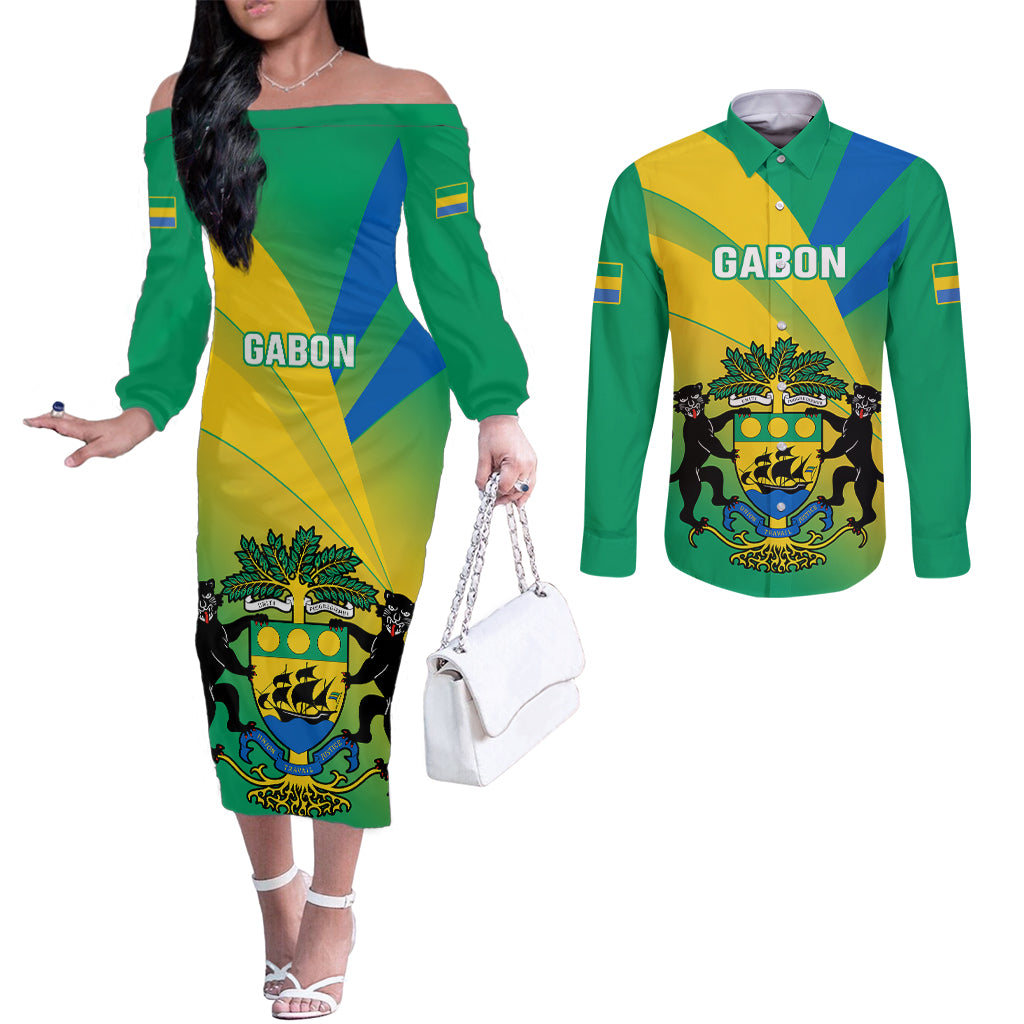 gabon-couples-matching-off-the-shoulder-long-sleeve-dress-and-long-sleeve-button-shirts-coat-of-arms-with-flag-gradient-style