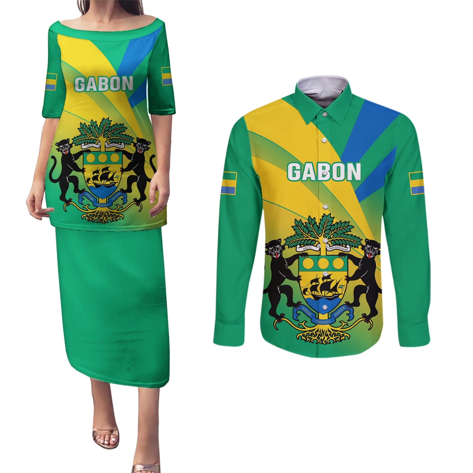 Gabon Couples Matching Puletasi Dress and Long Sleeve Button Shirts Coat Of Arms With Flag Gradient Style - Wonder Print Shop