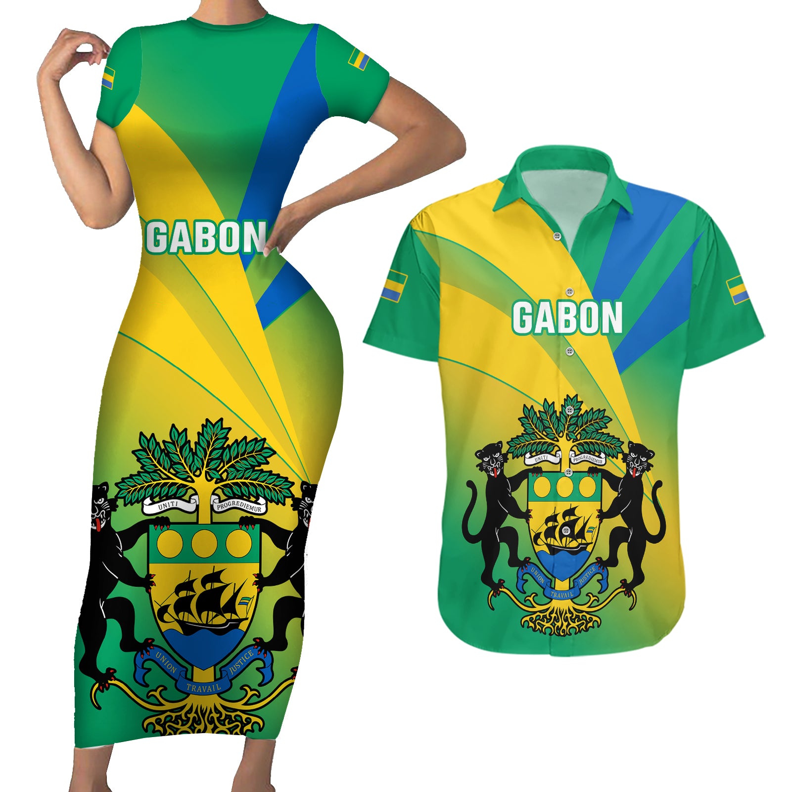 Gabon Couples Matching Short Sleeve Bodycon Dress and Hawaiian Shirt Coat Of Arms With Flag Gradient Style - Wonder Print Shop