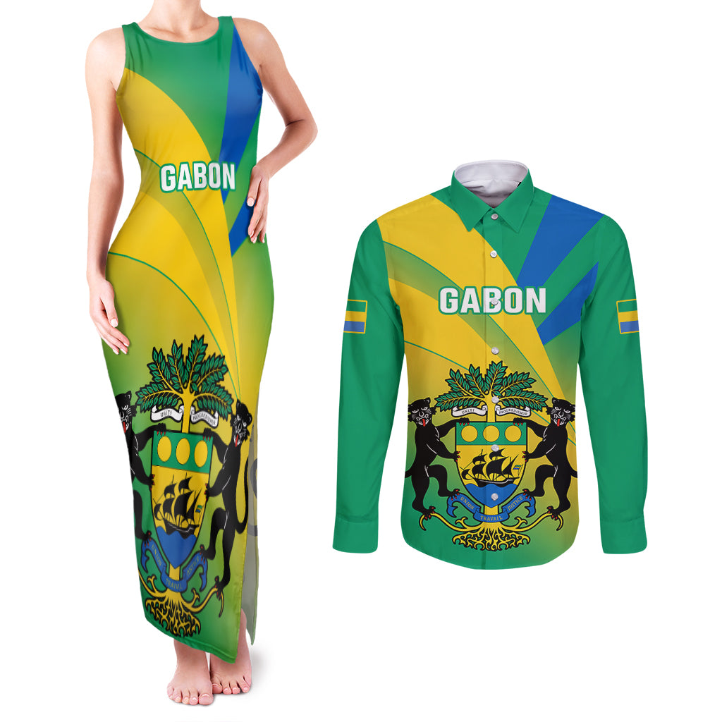 Gabon Couples Matching Tank Maxi Dress and Long Sleeve Button Shirts Coat Of Arms With Flag Gradient Style - Wonder Print Shop