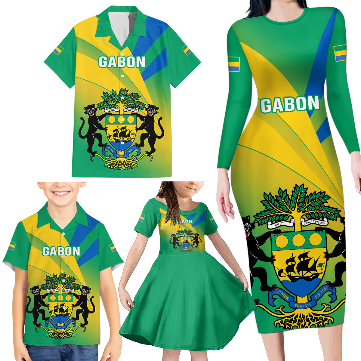 Gabon Family Matching Long Sleeve Bodycon Dress and Hawaiian Shirt Coat Of Arms With Flag Gradient Style - Wonder Print Shop