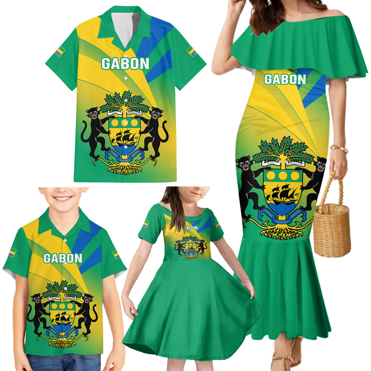 Gabon Family Matching Mermaid Dress and Hawaiian Shirt Coat Of Arms With Flag Gradient Style - Wonder Print Shop