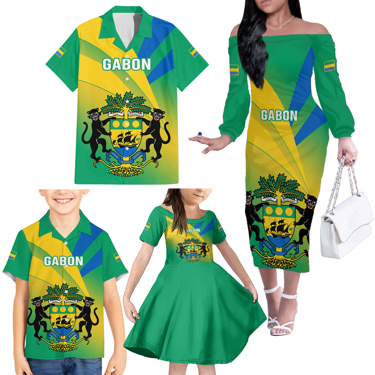 Gabon Family Matching Off Shoulder Long Sleeve Dress and Hawaiian Shirt Coat Of Arms With Flag Gradient Style - Wonder Print Shop