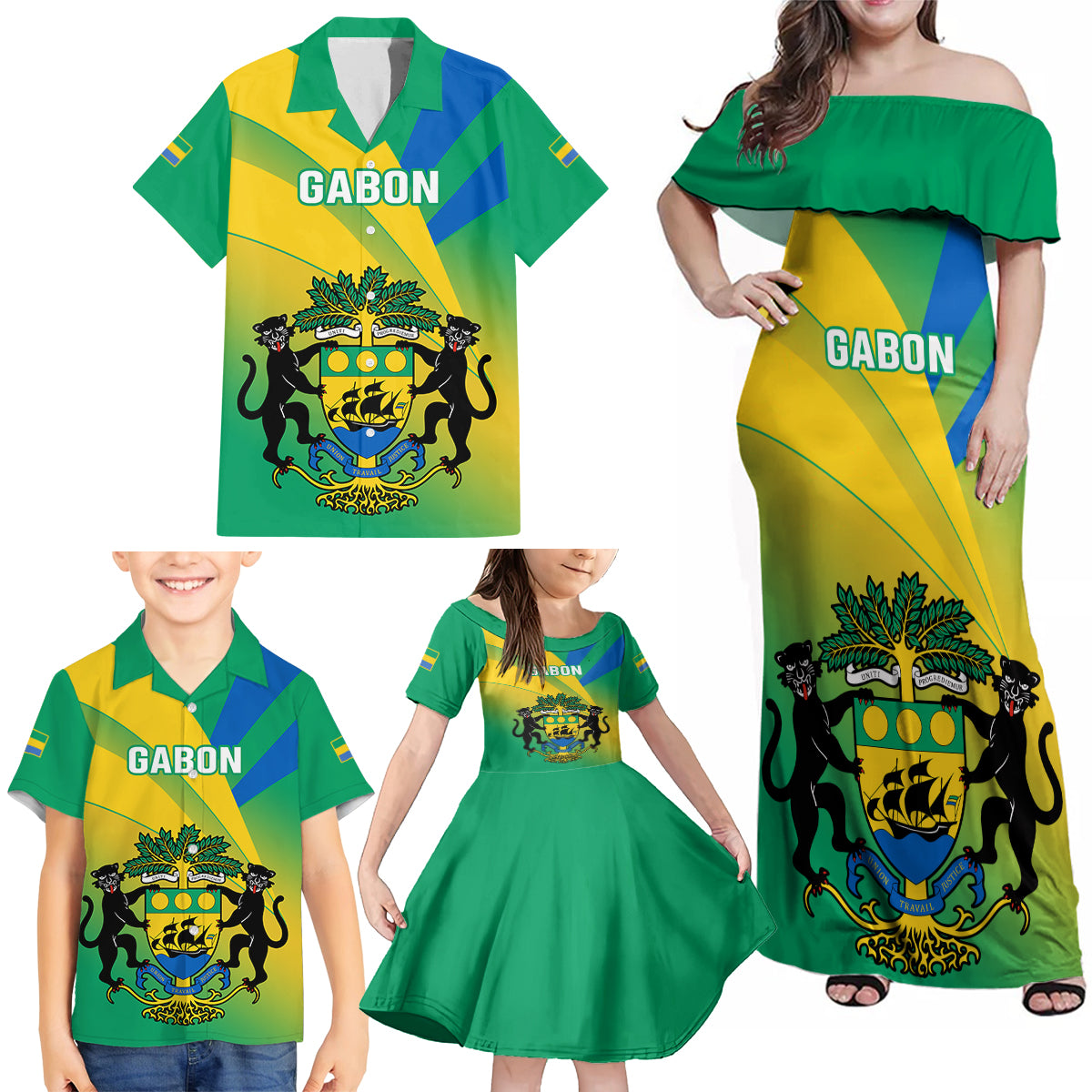 Gabon Family Matching Off Shoulder Maxi Dress and Hawaiian Shirt Coat Of Arms With Flag Gradient Style - Wonder Print Shop